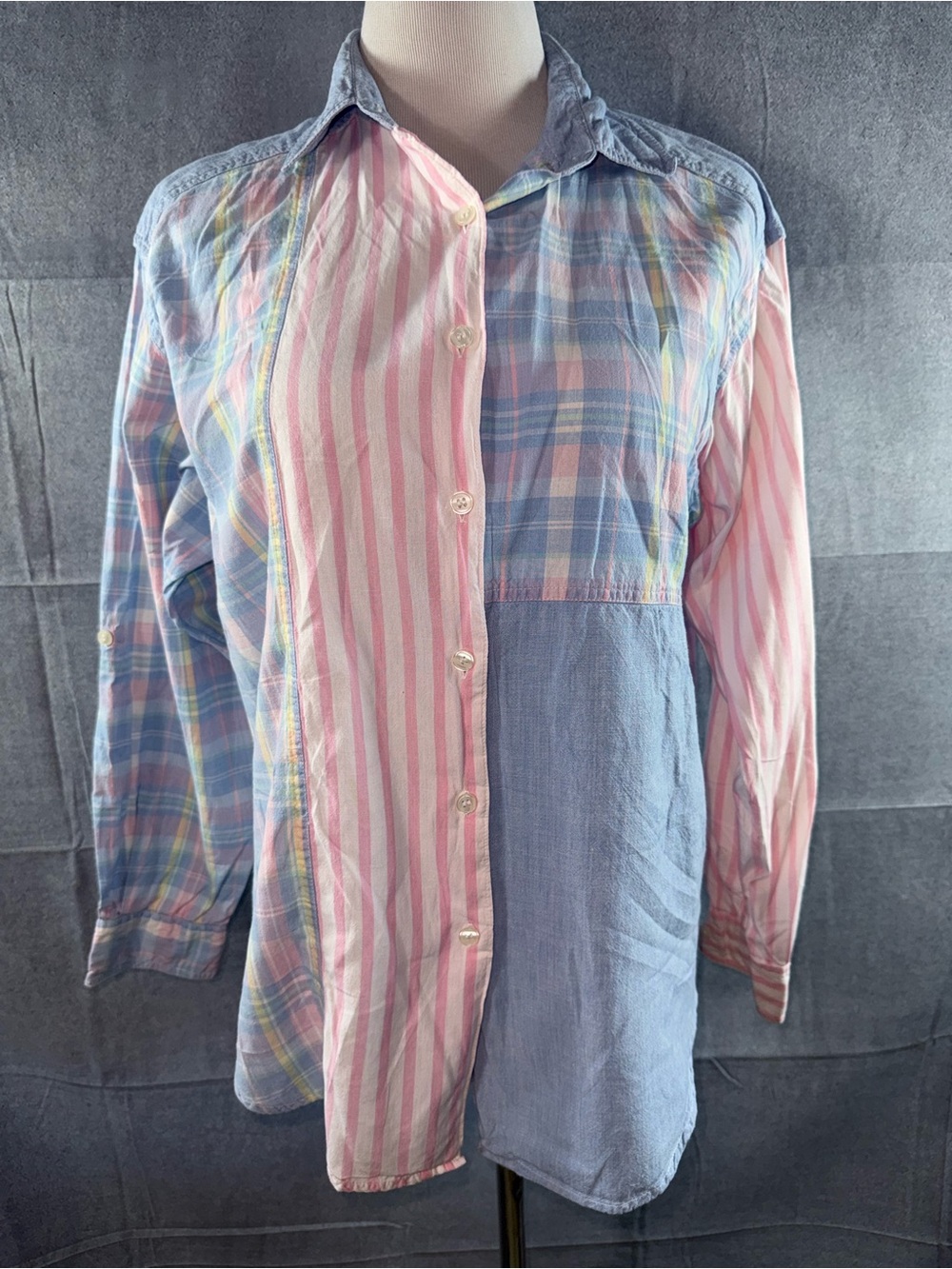 3425-VTG Casey & Max Women's Patchwork Button-Down Shirt in Pink & Blue